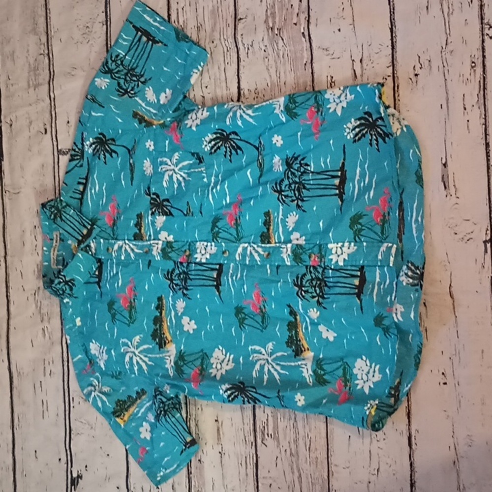 Washed Stoned & Beaten Men's Blue Pink Flamingo  Print Button Up Shirt XXL